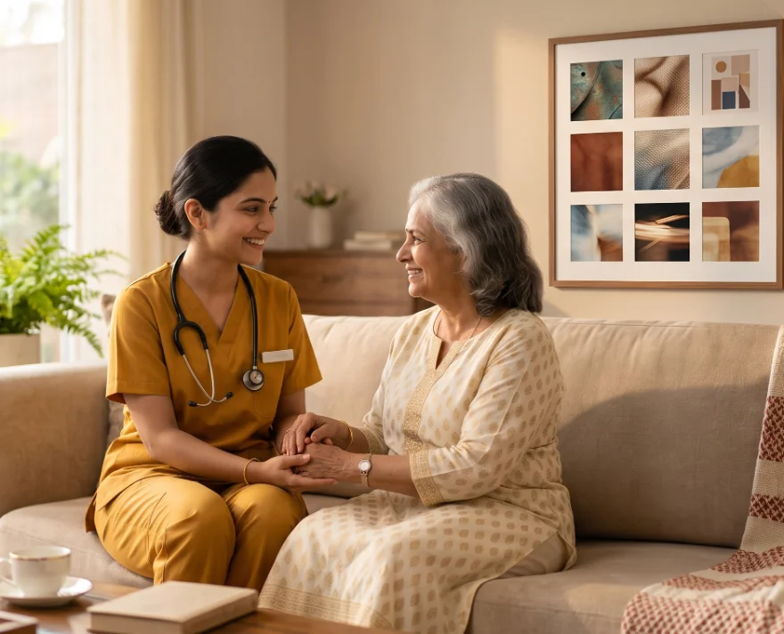 A Surely nurse caring for a patient at home
